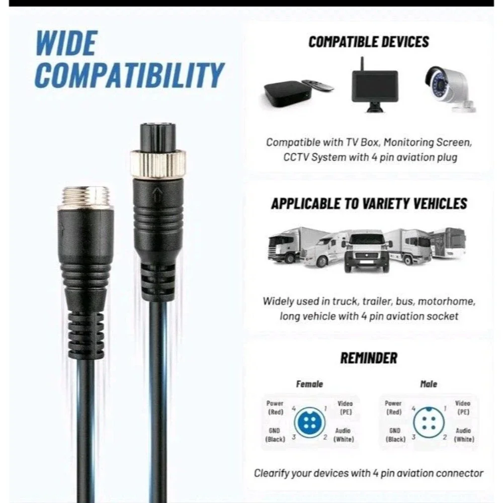4 Pin Car Video Aviation Extension Cable for Rear View Camera Truck Bus Trailer